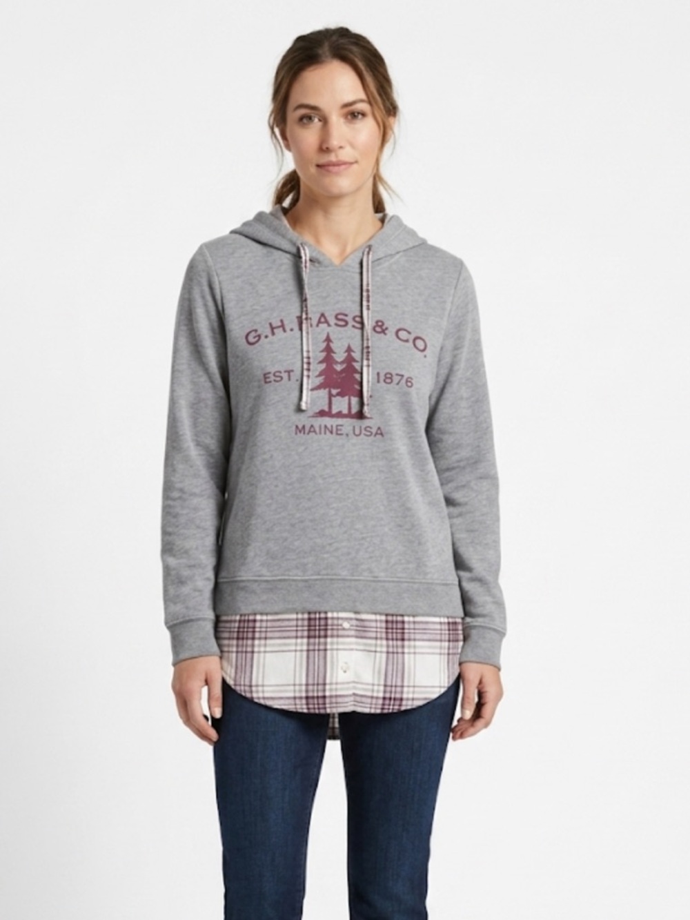 G.H. Bass & Co. Layered Look Hoodie | Plaid Hem Casual Pullover Top